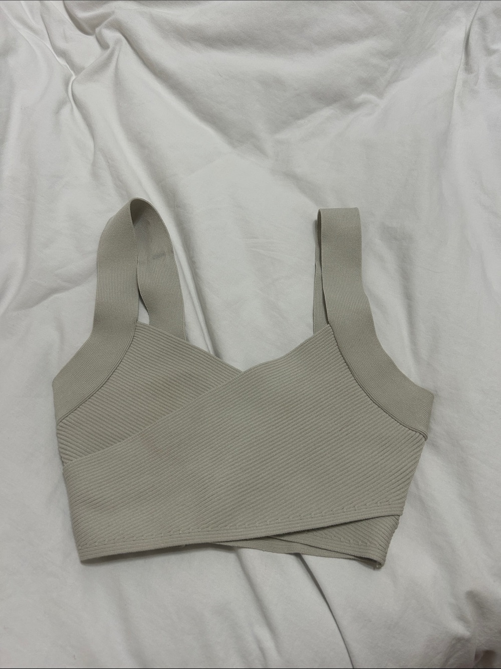 Aritzia Ribbed Wrap-Front Crop Tank in Light Tan